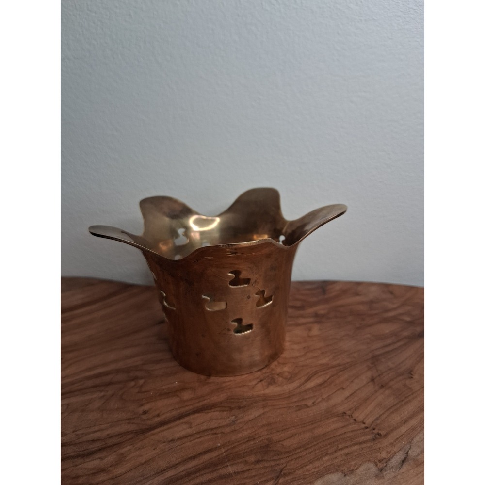Vintage Brass Duck Cutout Scalloped Votive Candle Holder Made in India Gold Tone